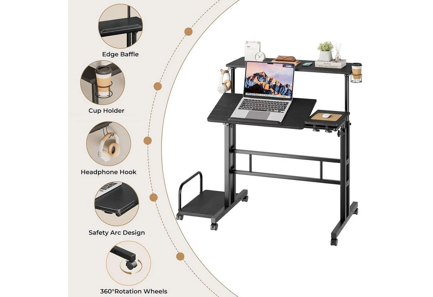 OUNUO Computertisch Höhenverstellbar Schwarz mit Rollen - Bild 5