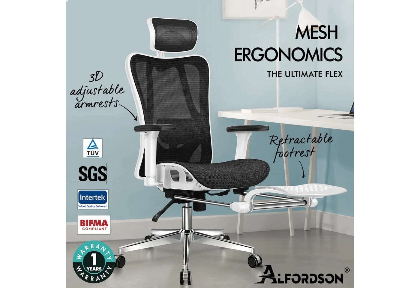 ALFORDSON Bürostuhl Ergonomischer Netzstuhl mit 3D-Armlehne Schwarz - Bild 3
