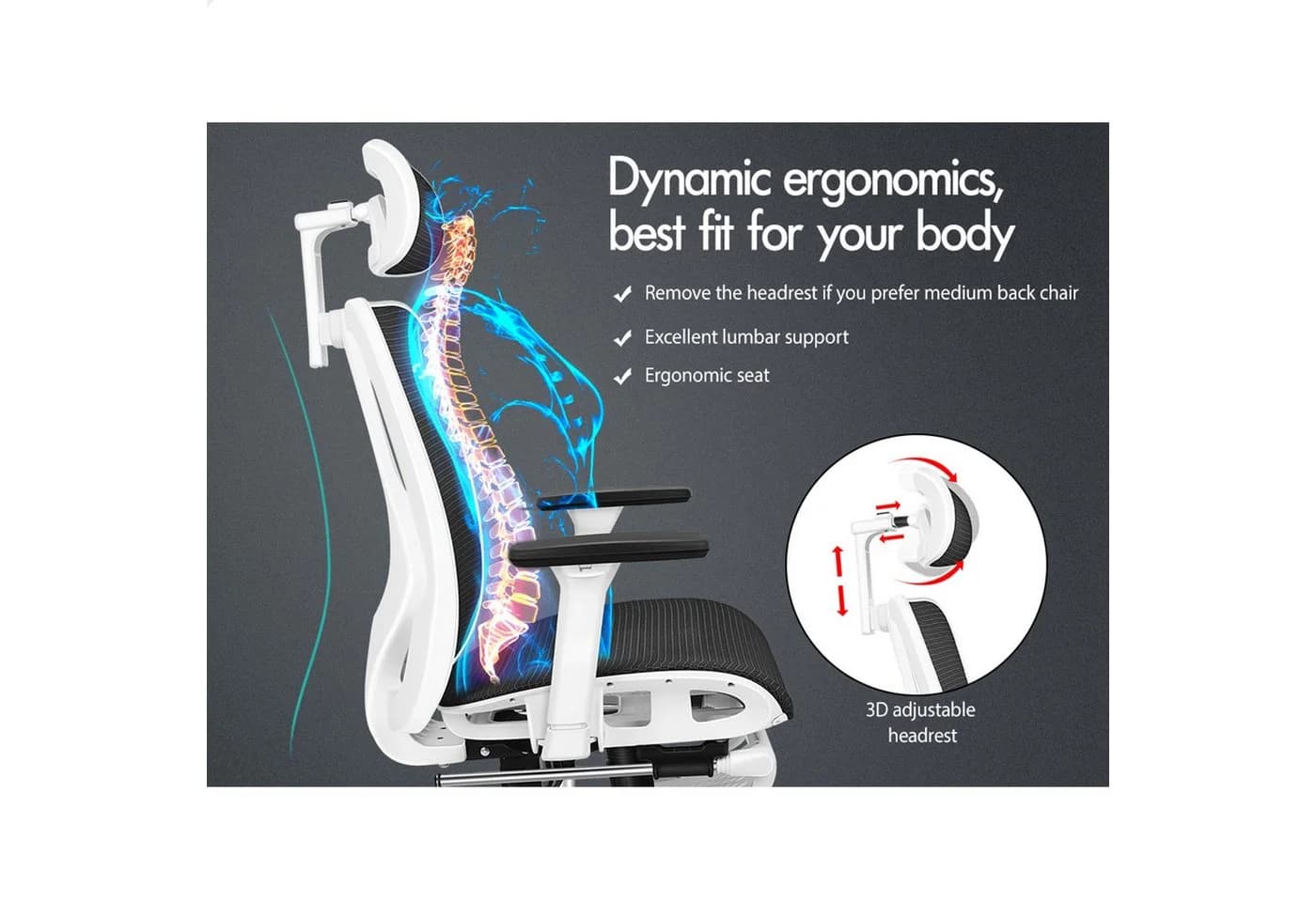 ALFORDSON Bürostuhl Ergonomischer Netzstuhl mit 3D-Armlehne Schwarz - Bild 4