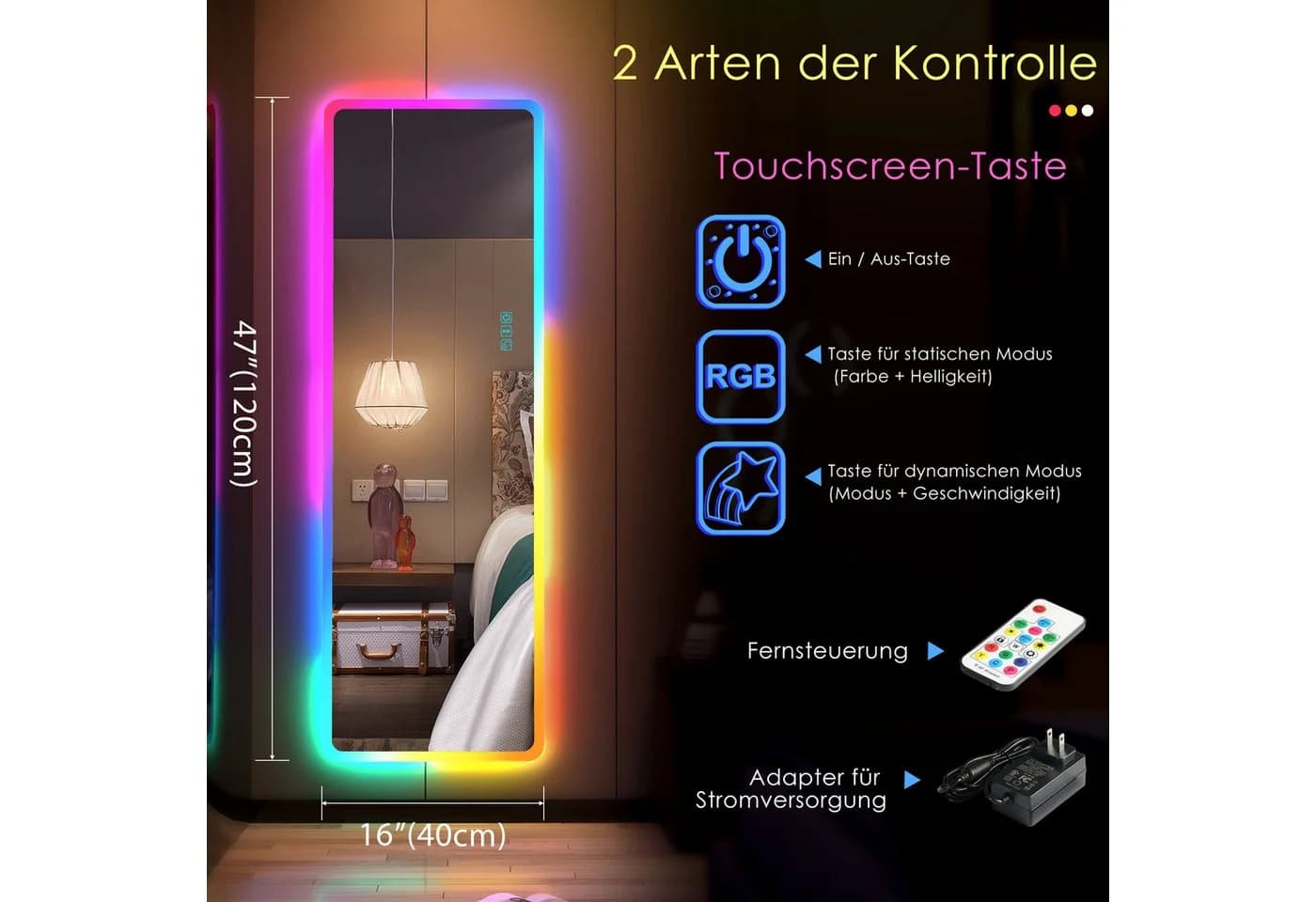 LVSOMT Ganzkörperspiegel 120x40cm mit Licht RGB LED