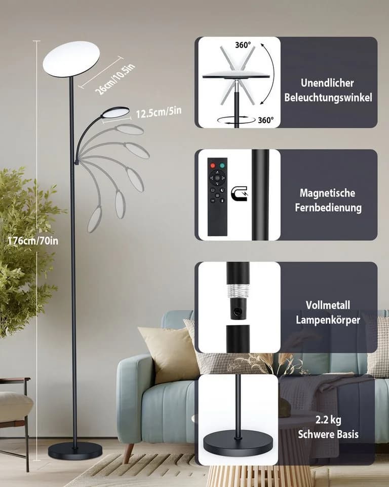 Lujasi LED Stehlampe 42W Wohnzimmer 3500LM Deckenfluter Schwarz - Bild 4