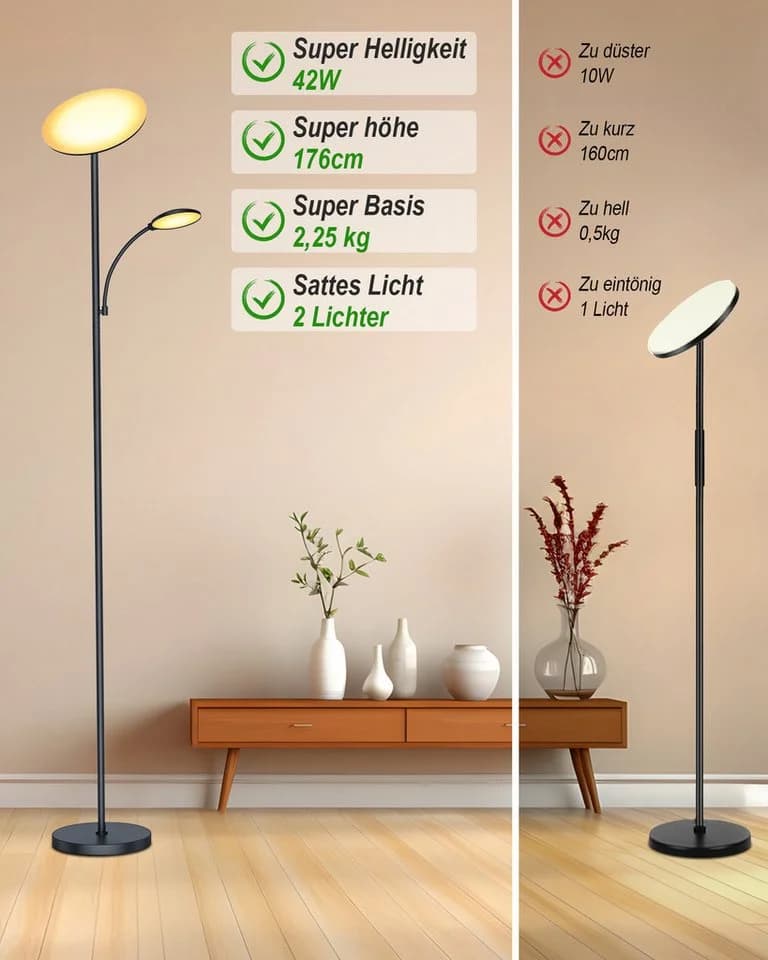 Lujasi LED Stehlampe 42W Wohnzimmer 3500LM Deckenfluter Schwarz - Bild 5