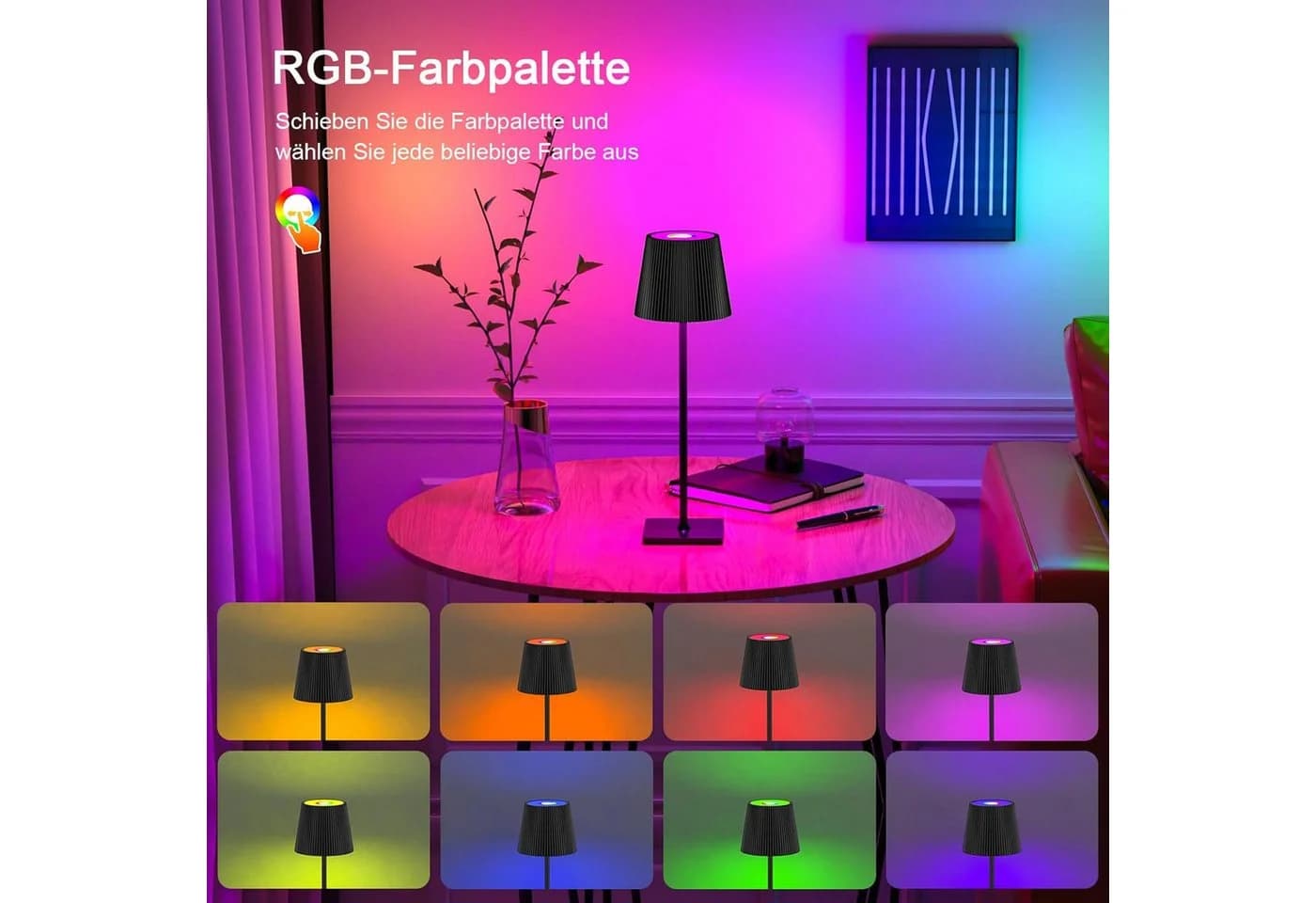 skelo LED Tischleuchte Kabellos Touch Dimmbar RGB 3 Farbtemperatur Schwarz - Bild 3