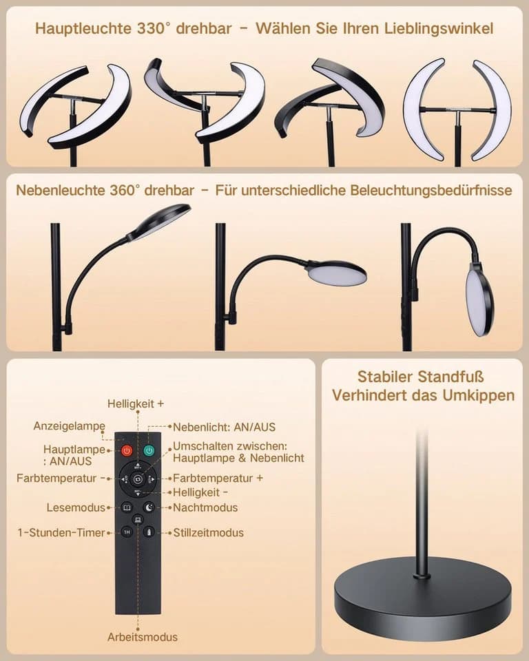 Lujasi LED Stehlampe Schwarz mit Fernbedienung und Leselicht - Bild 4