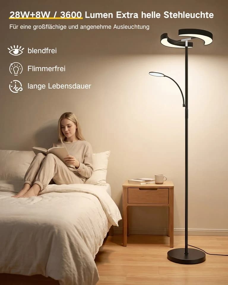 Lujasi LED Stehlampe Schwarz mit Fernbedienung und Leselicht - Bild 5