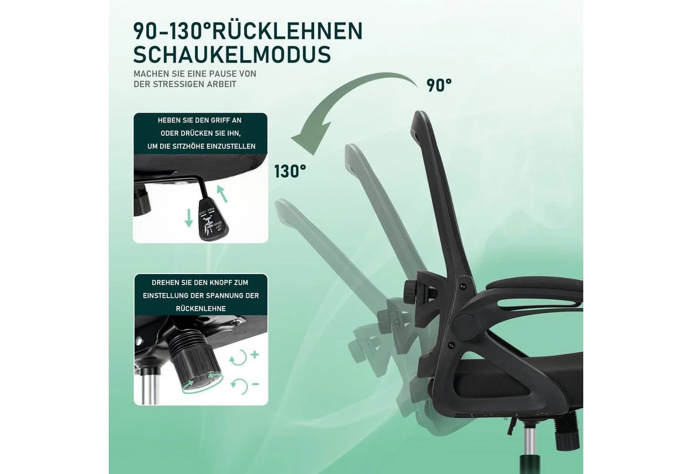Milacyee Bürostuhl Ergonomisch mit Armlehnen, Wippfunktion, 150kg, Schwarz - Bild 1