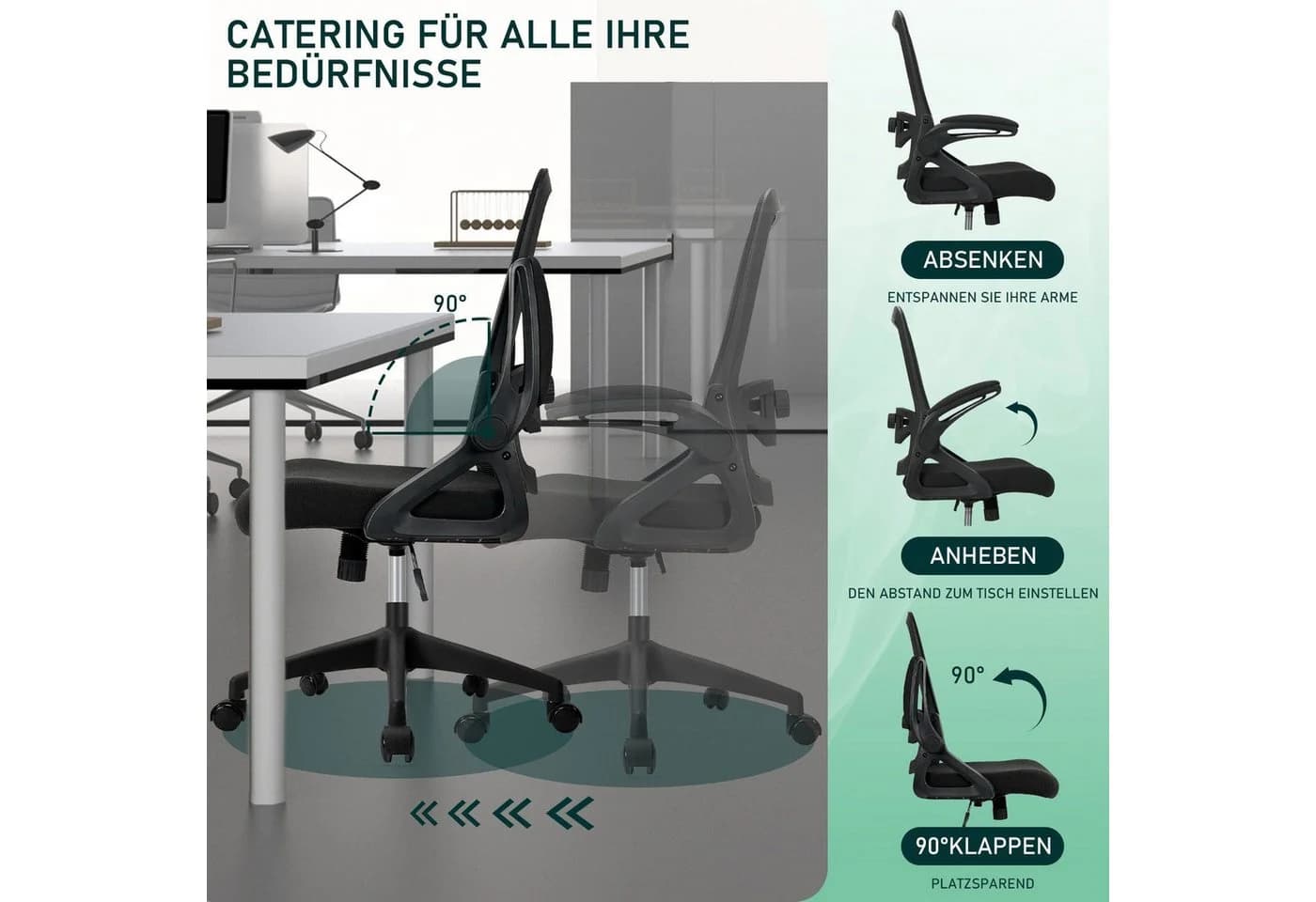 Milacyee Bürostuhl Ergonomisch mit Armlehnen, Wippfunktion, 150kg, Schwarz - Bild 3