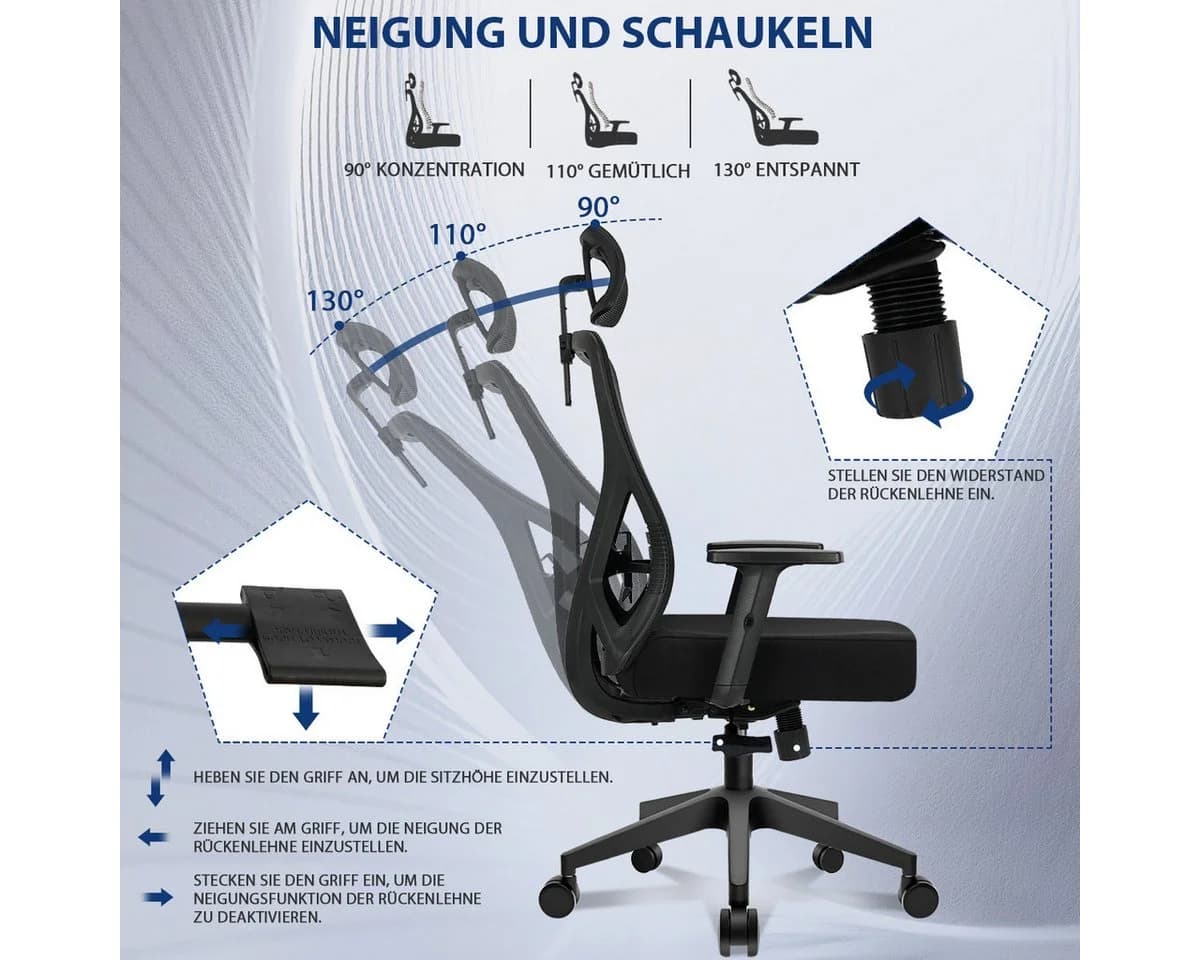 Ergonomischer Bürostuhl mit Netzbezug und Rollen