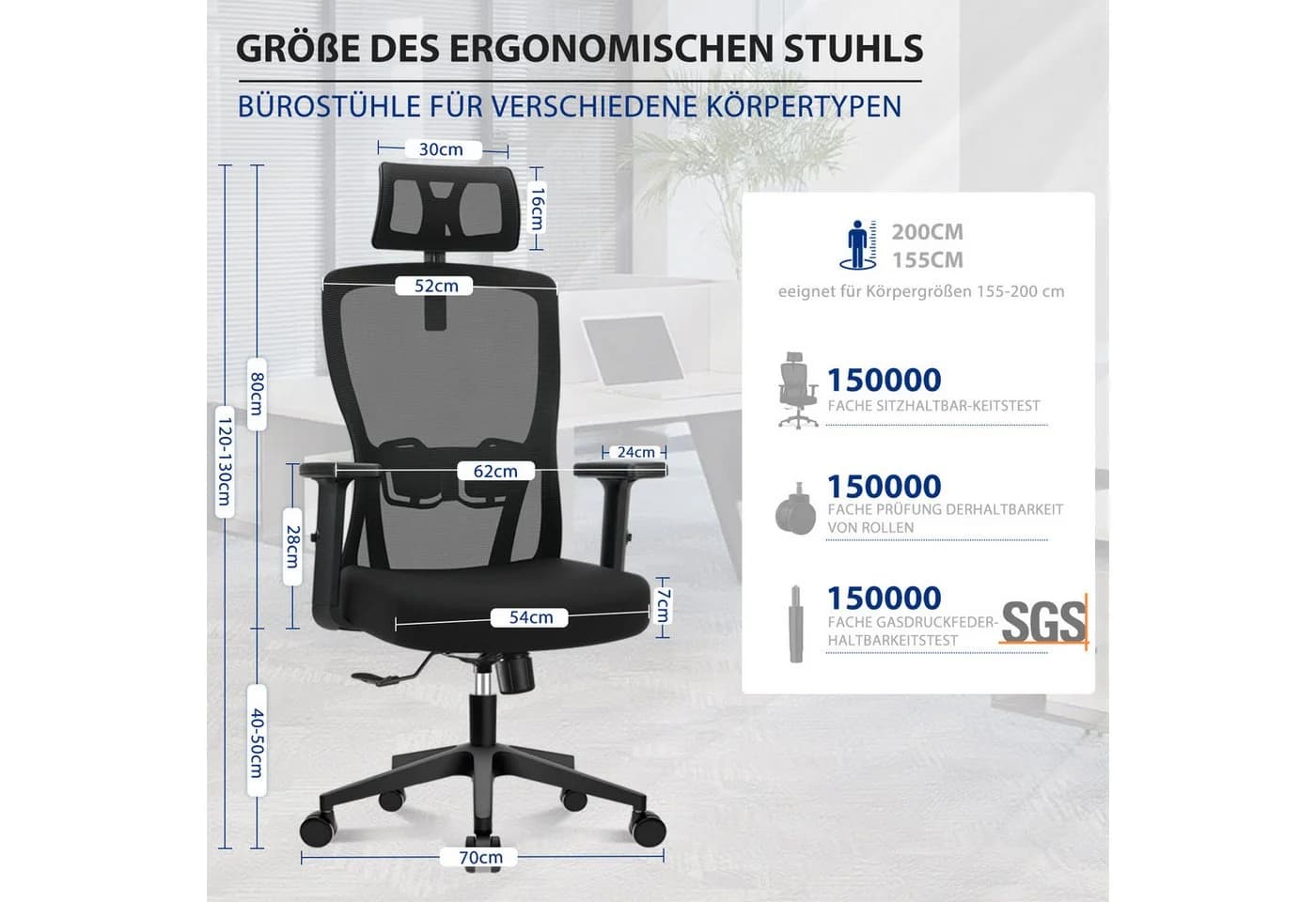 Durrafy Bürostuhl Ergonomischer Drehstuhl 200 kg Schwarz Mesh