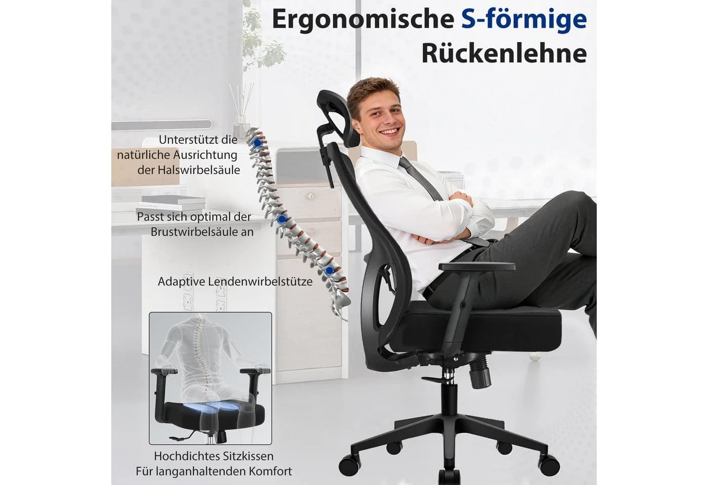 Durrafy Bürostuhl Ergonomischer Drehstuhl 200 kg Schwarz Mesh - Bild 3