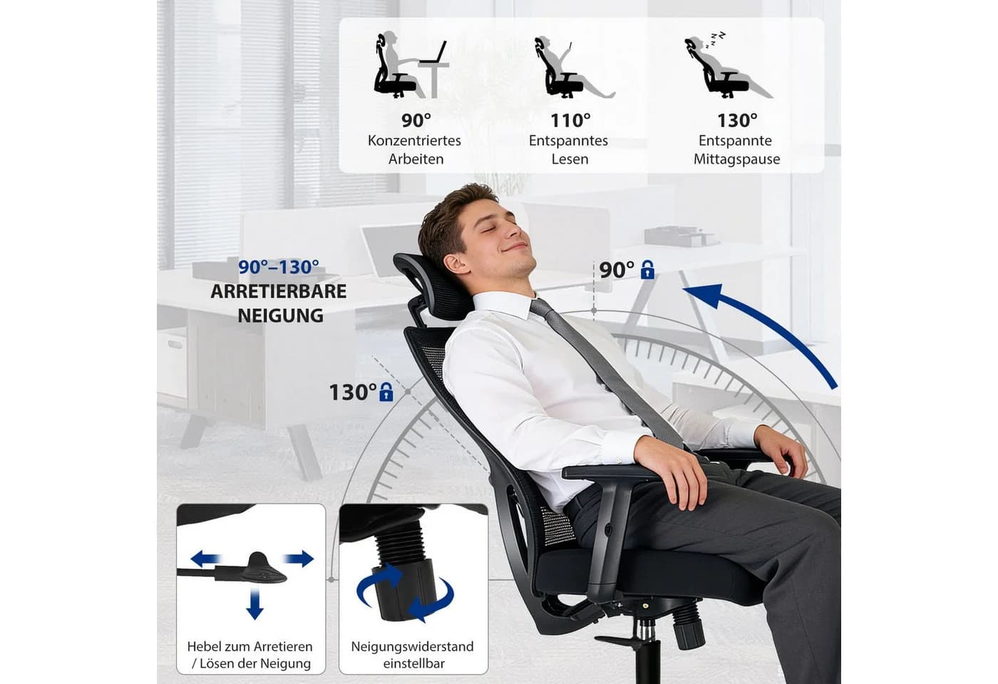 Durrafy Bürostuhl Ergonomischer Drehstuhl 200 kg Schwarz Mesh - Bild 4