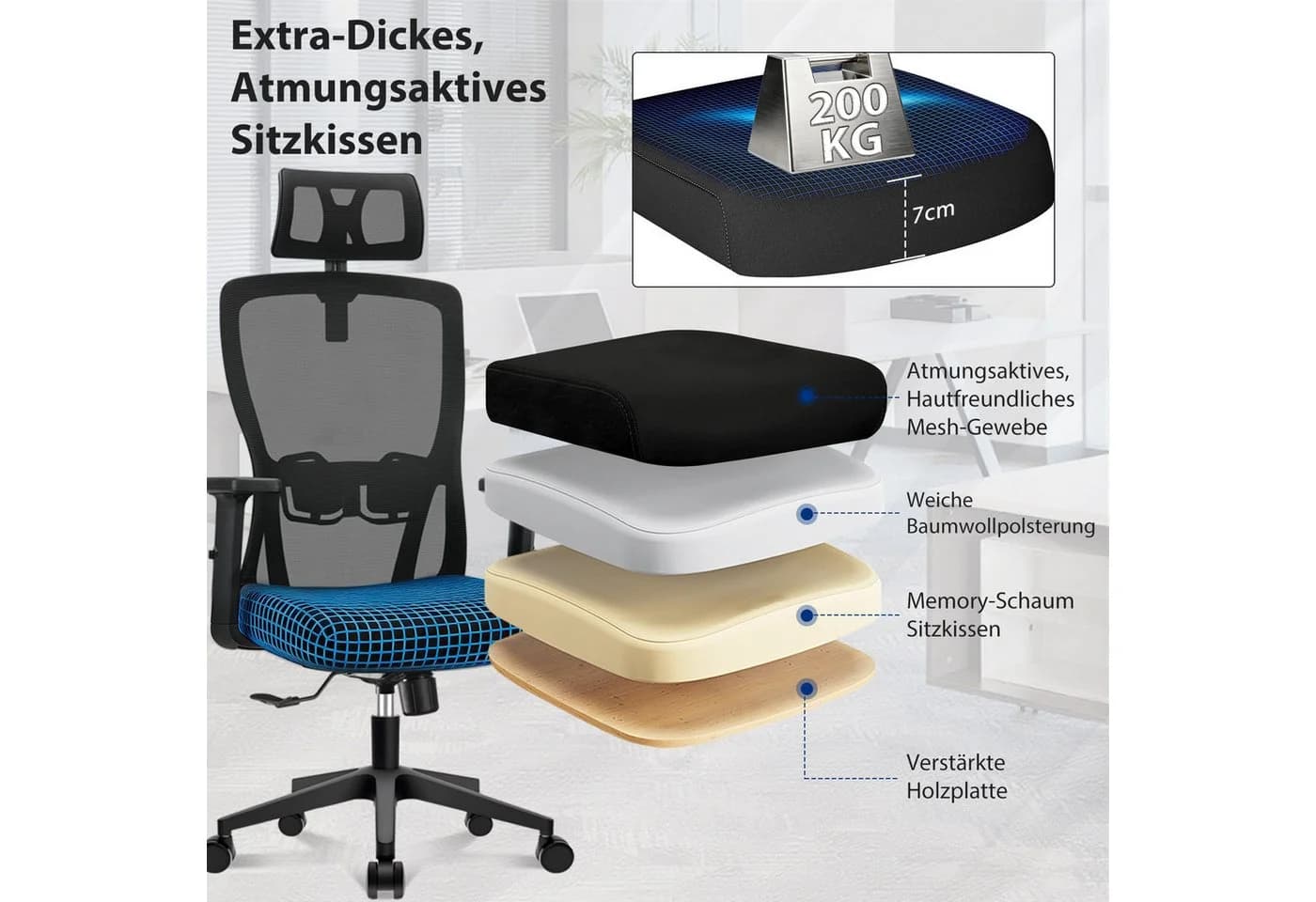 Durrafy Bürostuhl Ergonomischer Drehstuhl 200 kg Schwarz Mesh - Bild 5