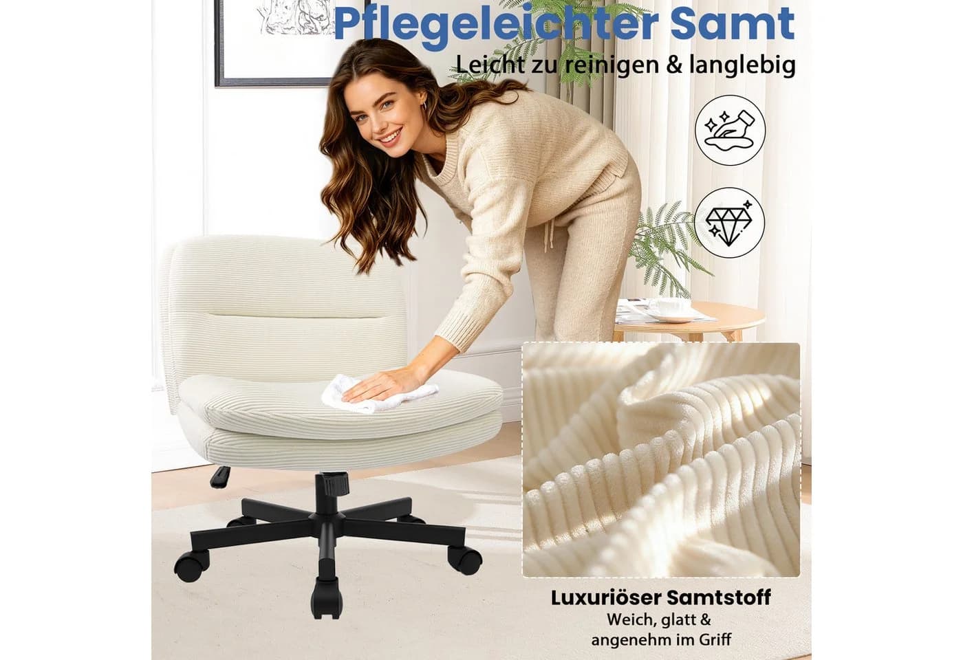 Durrafy Drehstuhl Bürostuhl Beige Samt - Bild 5