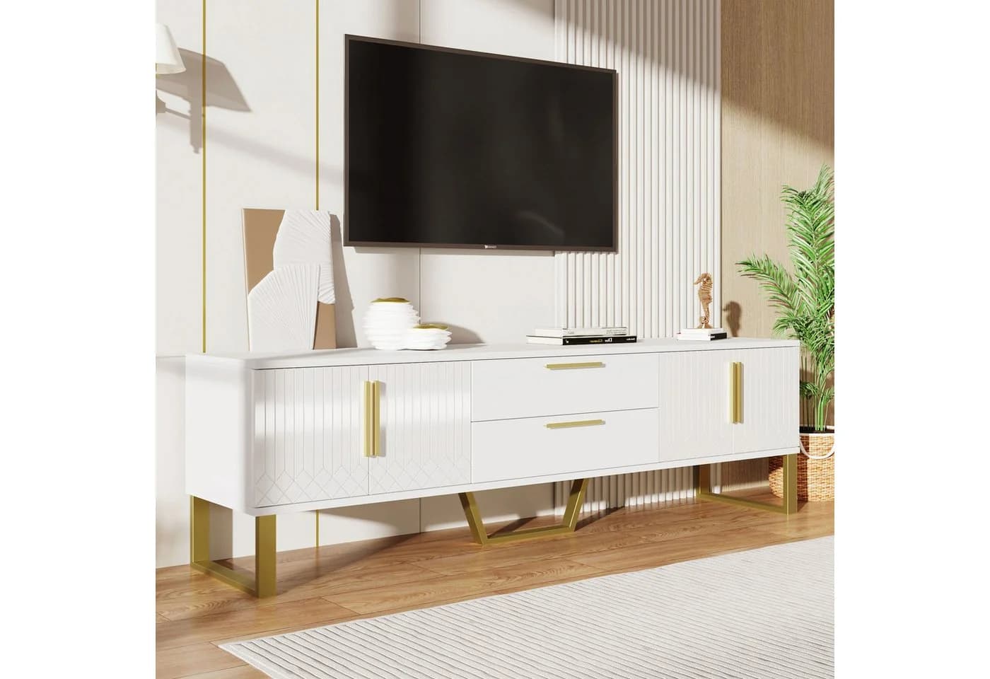 Fine Life Pro TV-Schrank Lowboard Weiß/Gold Hochglanz