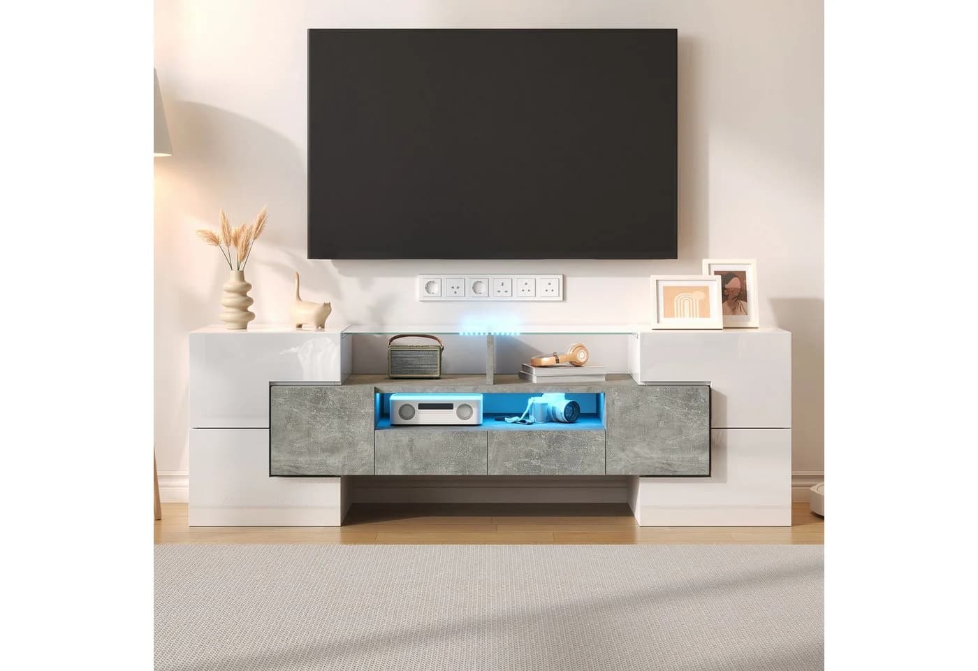 Fine Life Pro TV-Schrank Lowboard mit LED-Beleuchtung Hochglanzweiß