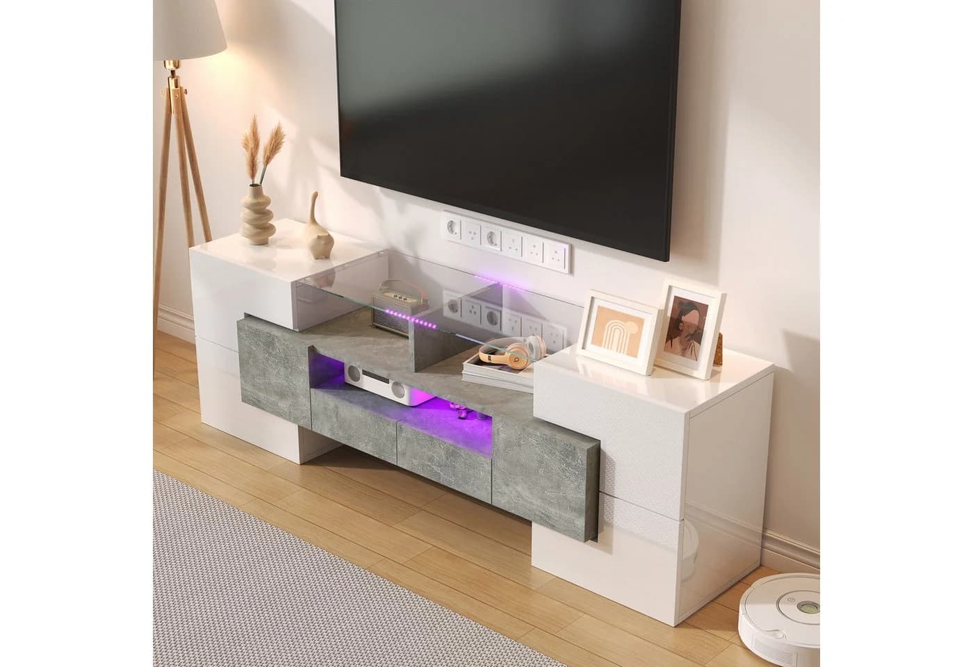 Fine Life Pro TV-Schrank Lowboard mit LED-Beleuchtung Hochglanzweiß - Bild 3