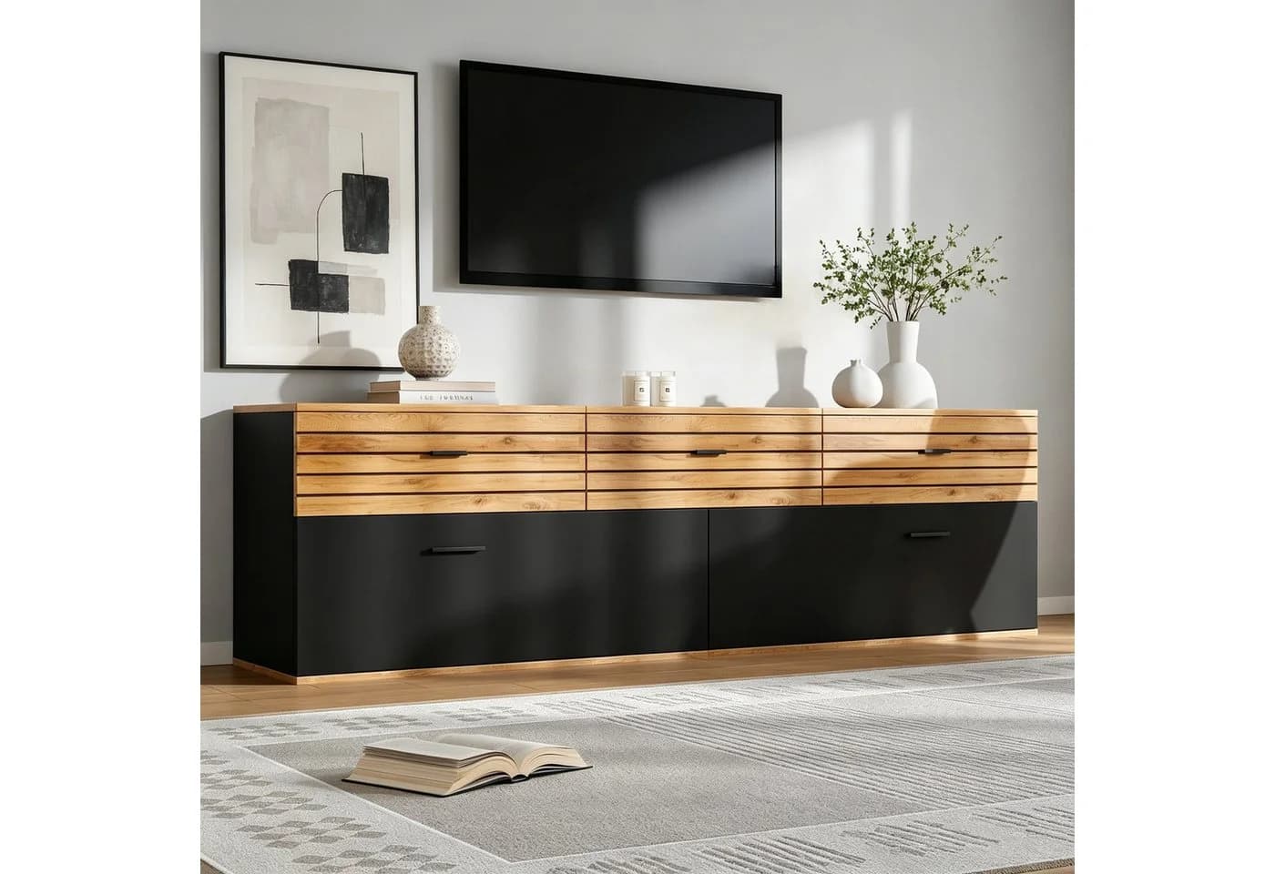 Fine Life Pro TV-Schrank Lowboard Schwarz/Naturholz 168x38x59 cm - Bild 3