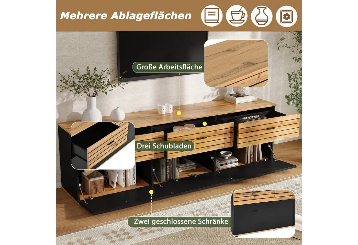 Fine Life Pro TV-Schrank Lowboard Schwarz/Naturholz 168x38x59 cm - Bild 5