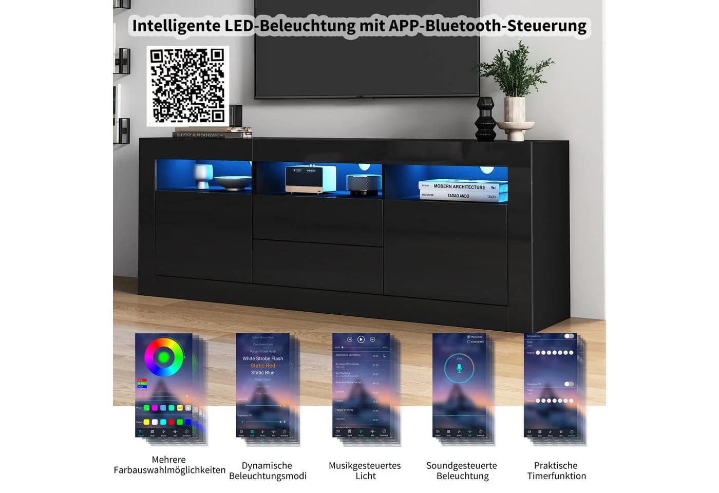 Fine Life Pro TV-Schrank Lowboard Schwarz Hochglanz mit LED-Beleuchtung
