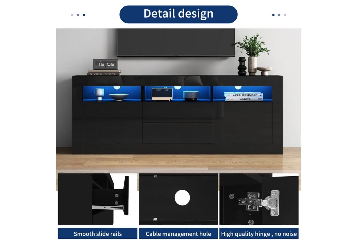 Fine Life Pro TV-Schrank Lowboard Schwarz Hochglanz mit LED-Beleuchtung - Bild 3