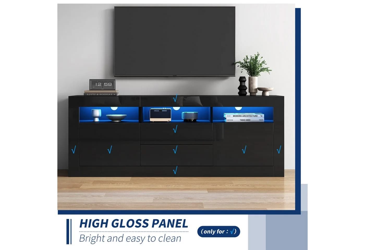 Fine Life Pro TV-Schrank Lowboard Schwarz Hochglanz mit LED-Beleuchtung - Bild 4