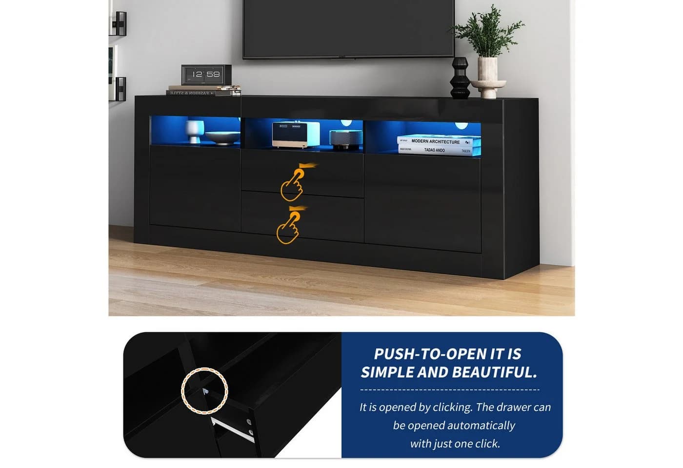 Fine Life Pro TV-Schrank Lowboard Schwarz Hochglanz mit LED-Beleuchtung - Bild 5