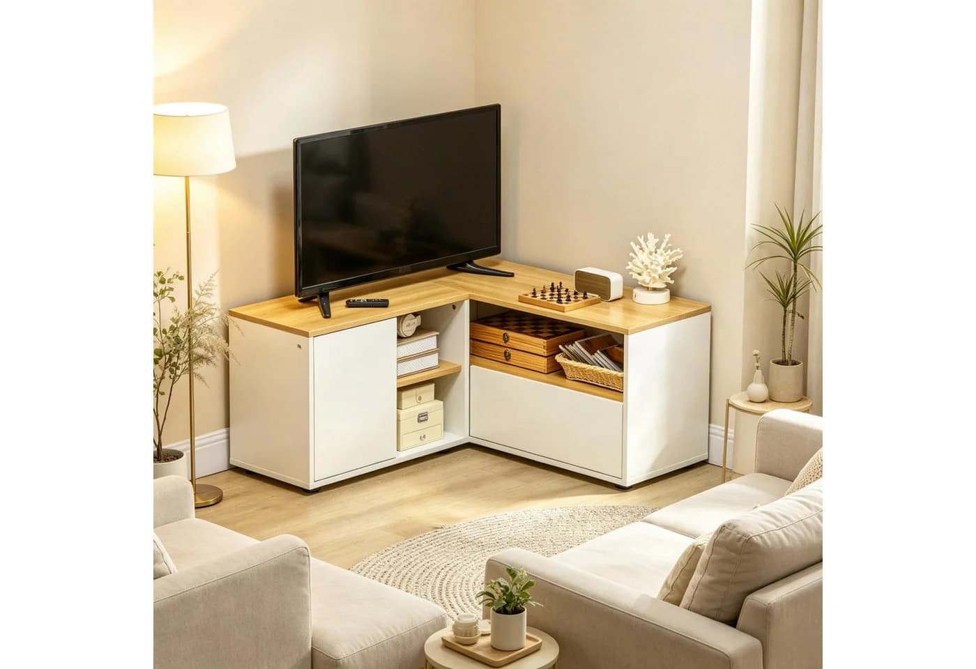 Fine Life Pro TV-Schrank Lowboard L-förmig Weiß/Lichtholz - Bild 2