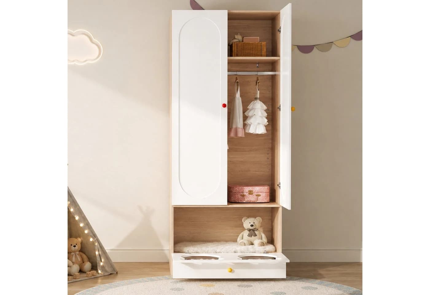 KEFEYA Kinderkleiderschrank Weiß Bären-Design - Bild 4