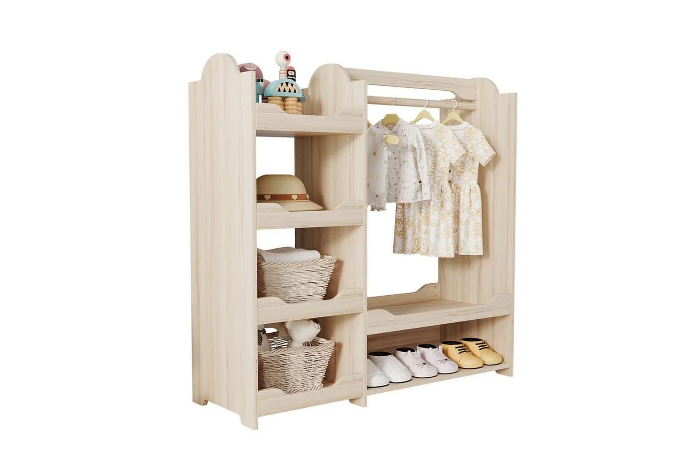 KEFEYA Kindergarderobe Naturholz mit 4 Regalen & Sitzbank