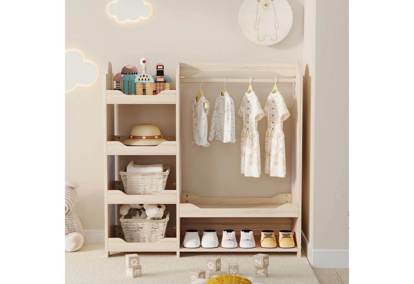 KEFEYA Kindergarderobe Naturholz mit 4 Regalen & Sitzbank - Bild 3