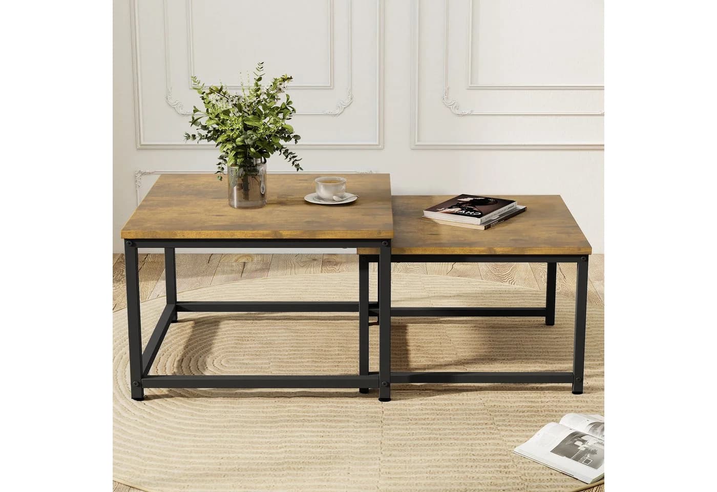 HawthyHome Couchtisch 2er-Set quadratisch Holz Metall Gestell - Bild 2