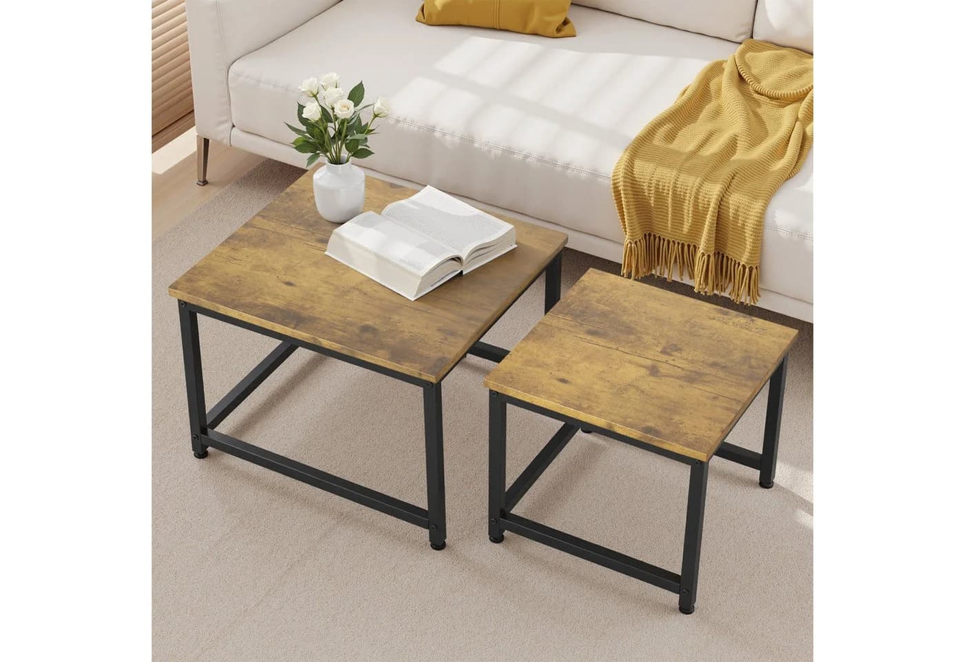 HawthyHome Couchtisch 2er-Set quadratisch Holz Metall Gestell - Bild 4