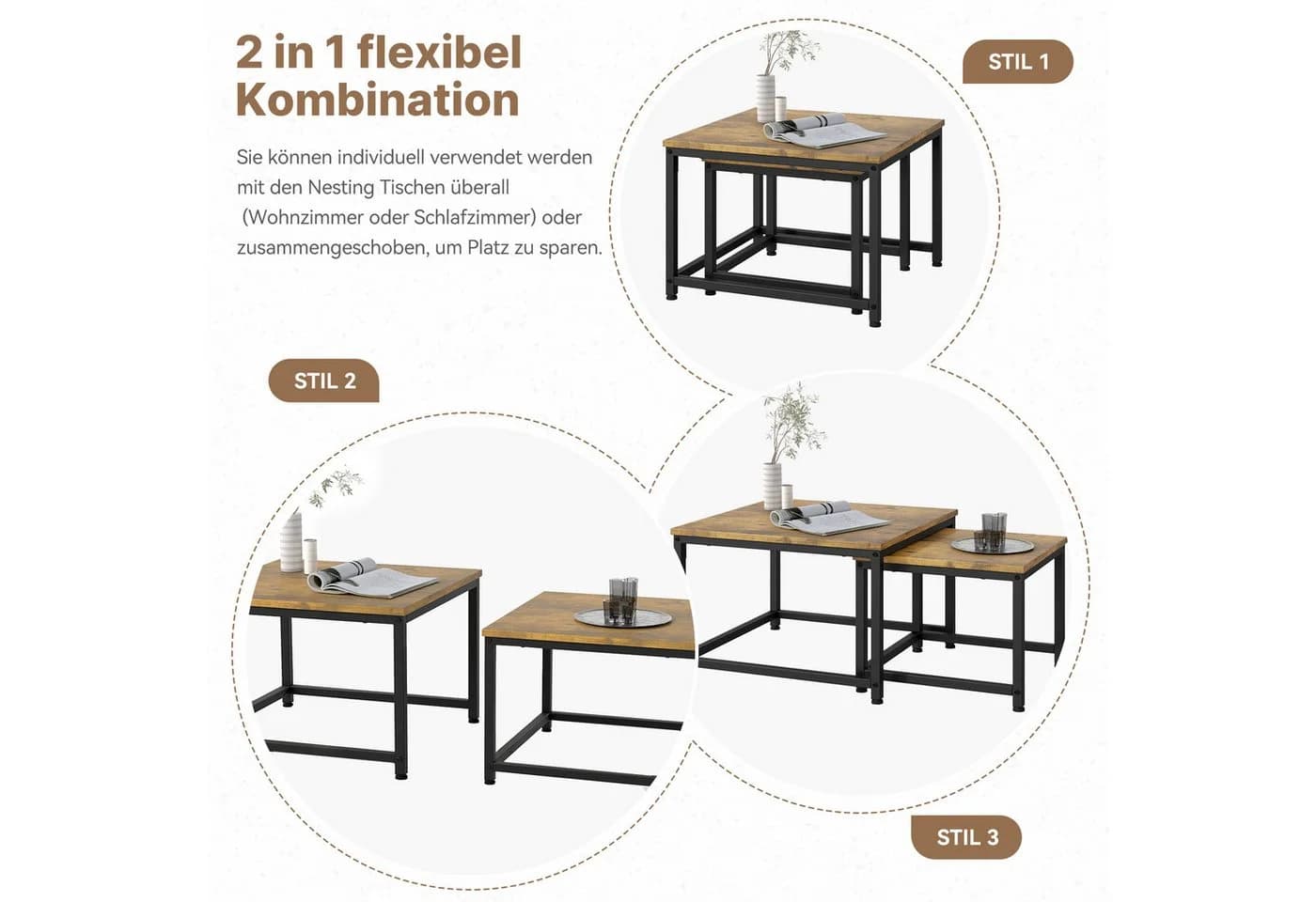 HawthyHome Couchtisch 2er-Set quadratisch Holz Metall Gestell - Bild 5