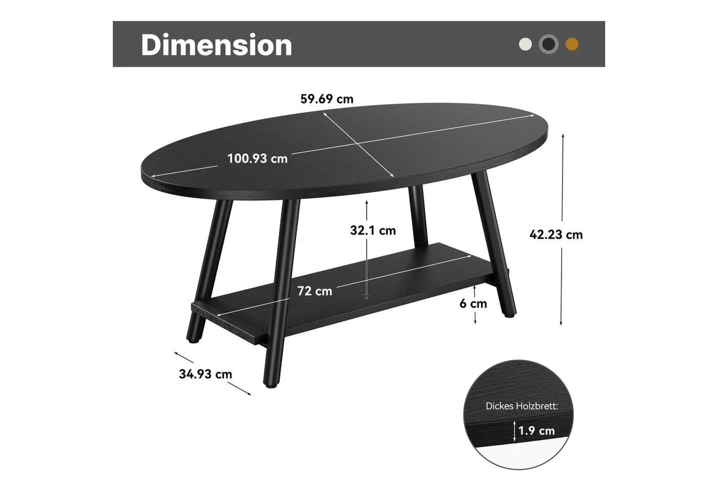 HawthyHome Couchtisch Oval Schwarz Vintage-Industriestil