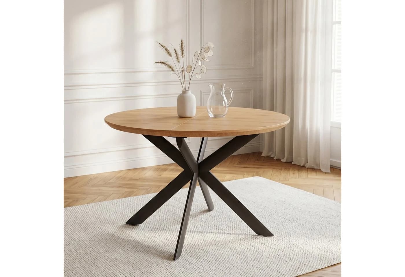 Jiexi Esstisch ausziehbar rund zu oval MDF-Platte mit X-Metallgestell