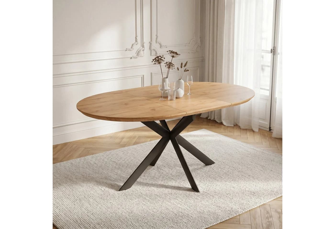 Jiexi Esstisch ausziehbar rund zu oval MDF-Platte mit X-Metallgestell - Bild 2