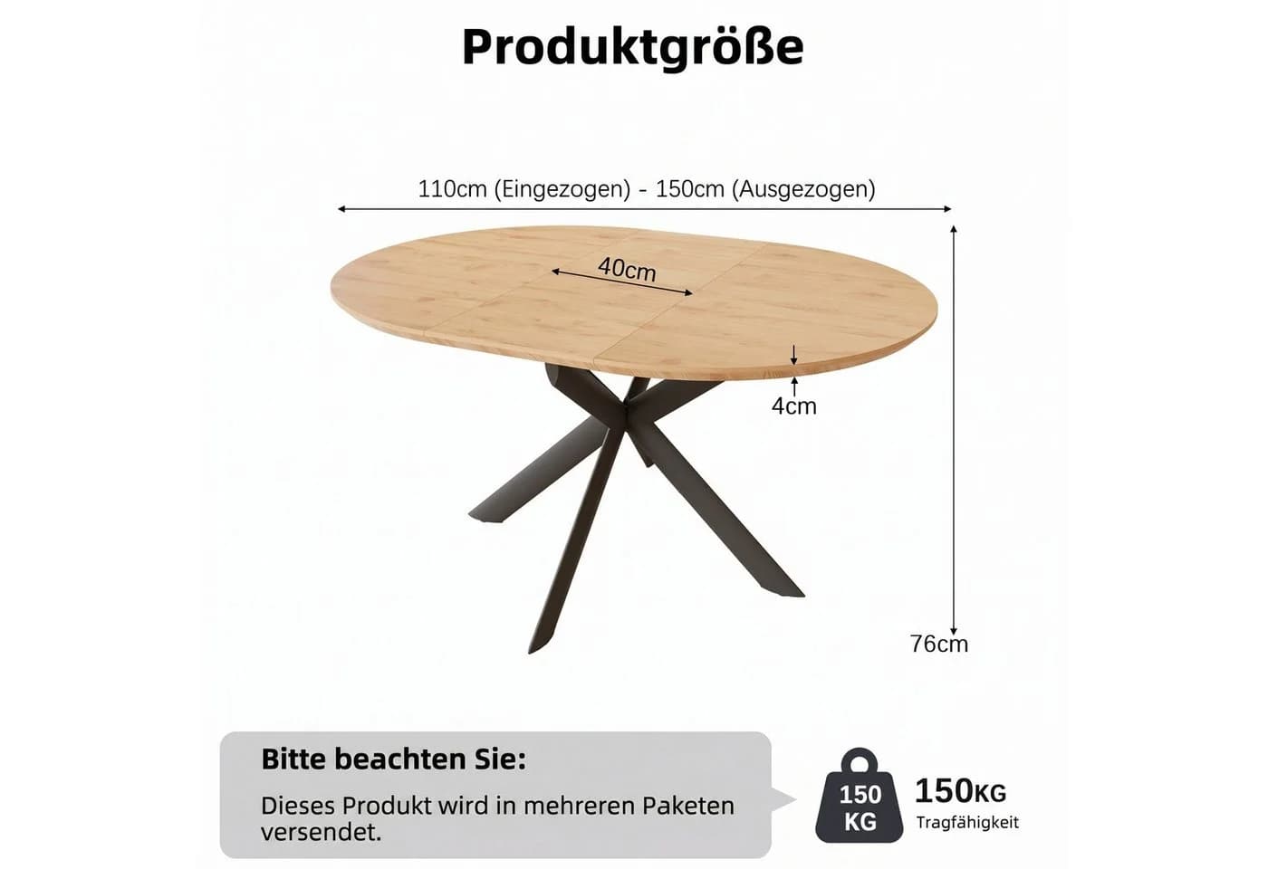Jiexi Esstisch ausziehbar rund zu oval MDF-Platte mit X-Metallgestell - Bild 3