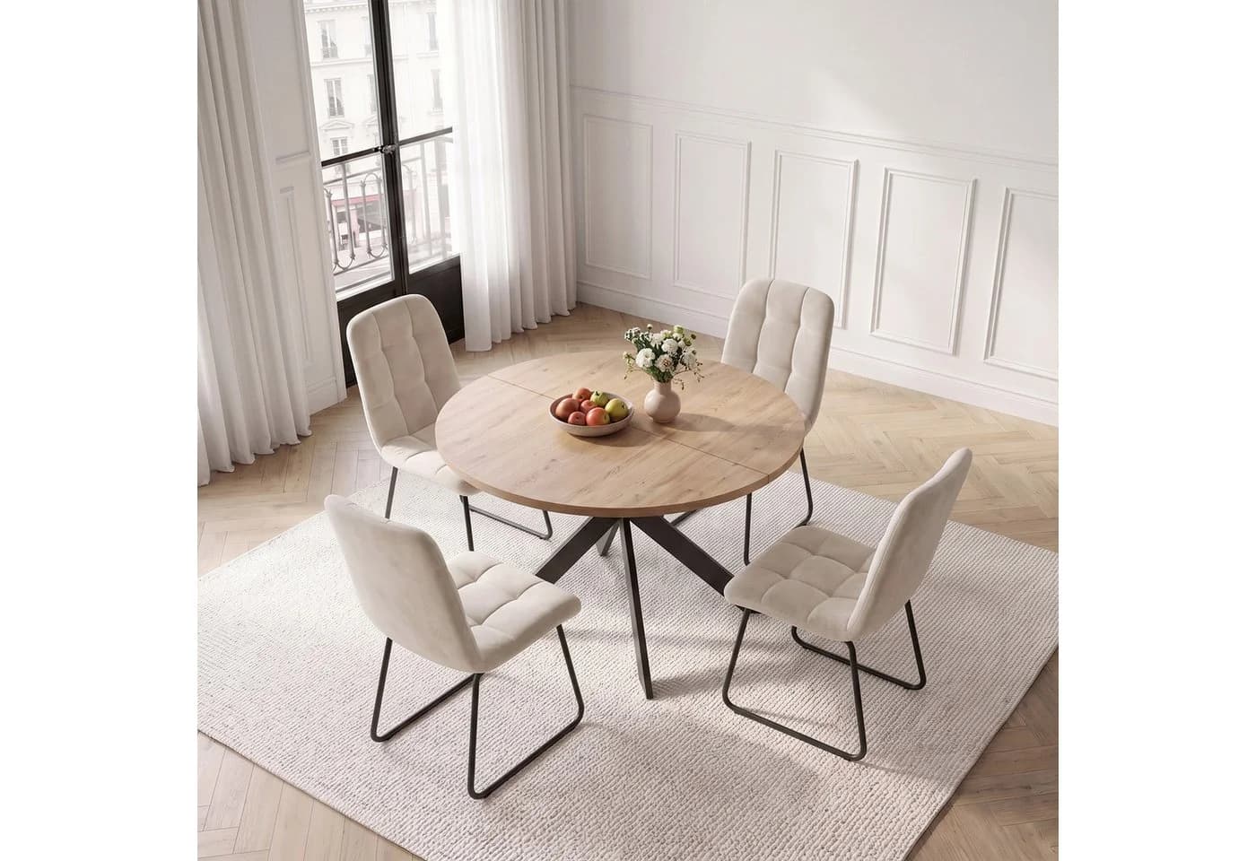 Jiexi Essgruppe mit rundem Esstisch 110cm und 4 Flanell-Stühlen