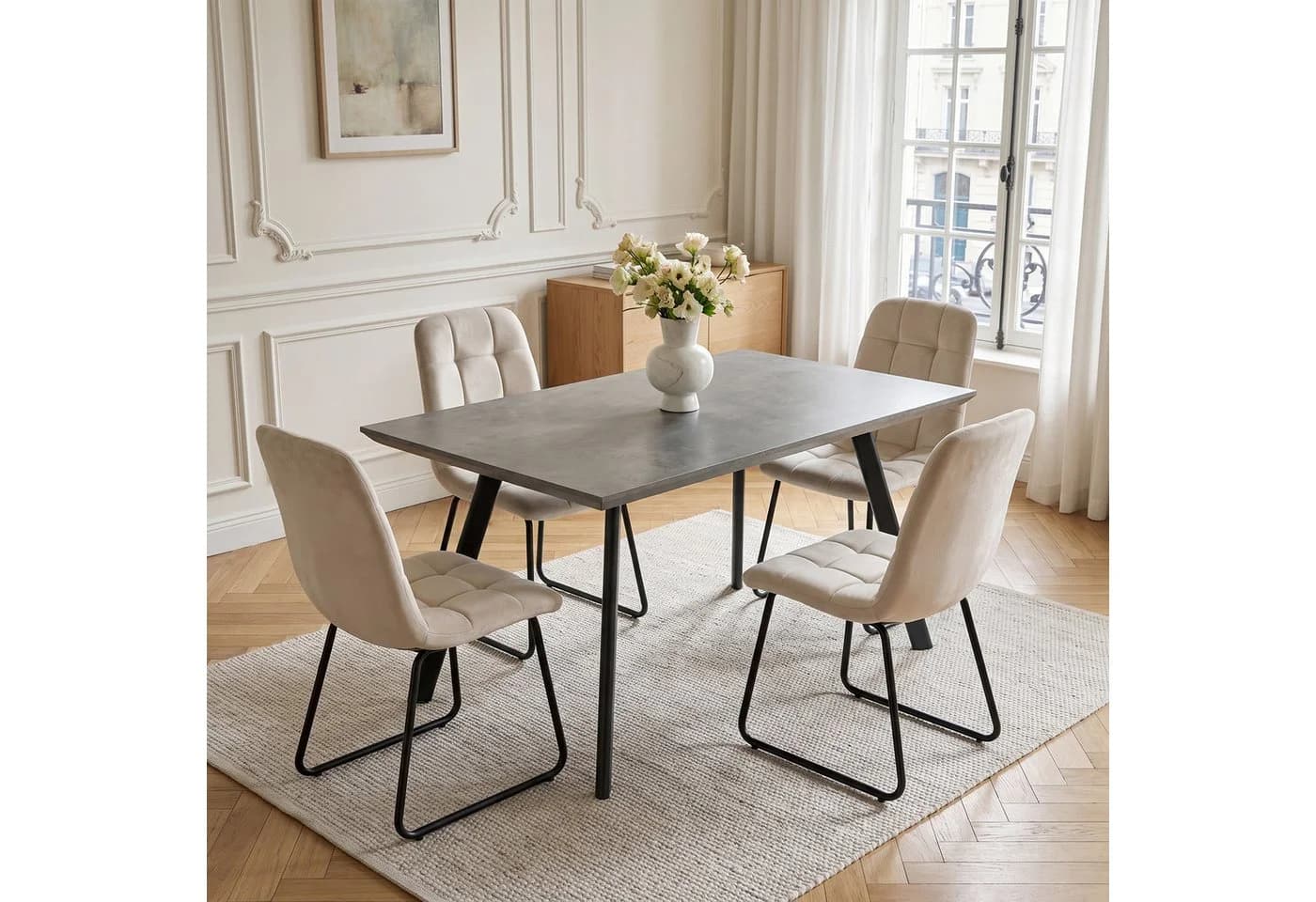 Jiexi Essgruppe mit Flanell-Stühlen Grau Schwarz Beige Industrie-Design