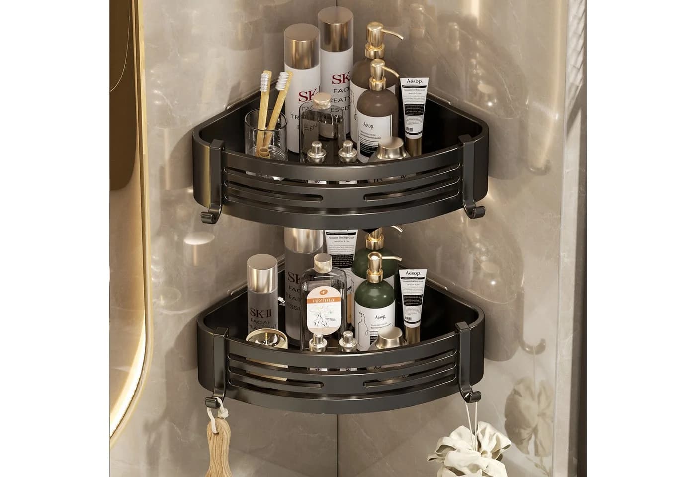 Refined Living Duschregal 2-Stück Eckregal Grau/Schwarz Aluminium