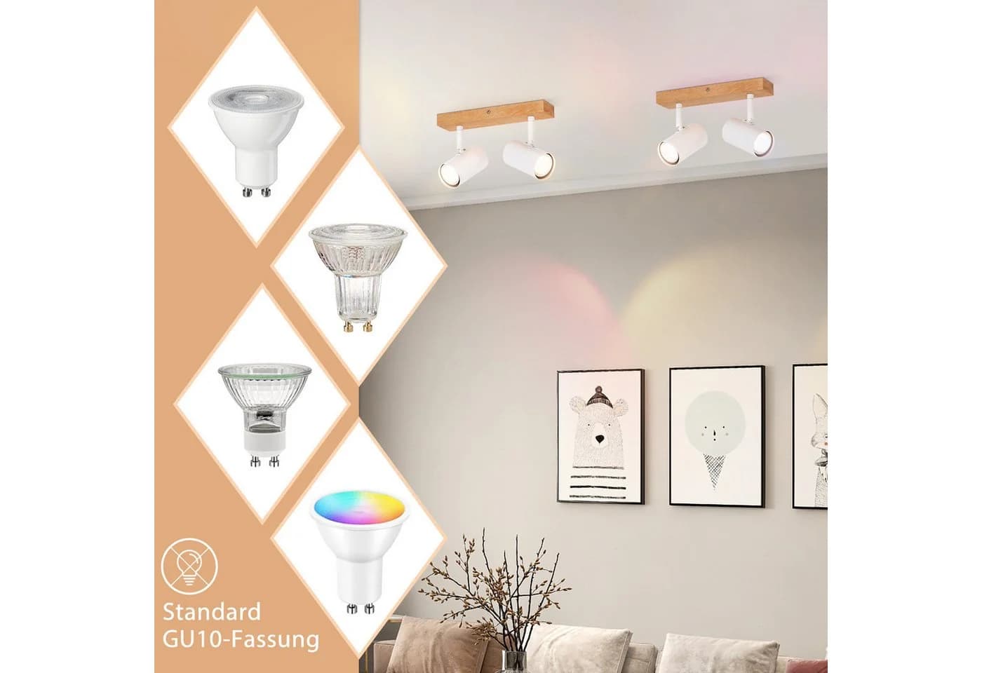 ZMH LED Wandleuchte Innen Deckenlampe Weiß Metall Modern GU10 Fassung 330° Drehbar