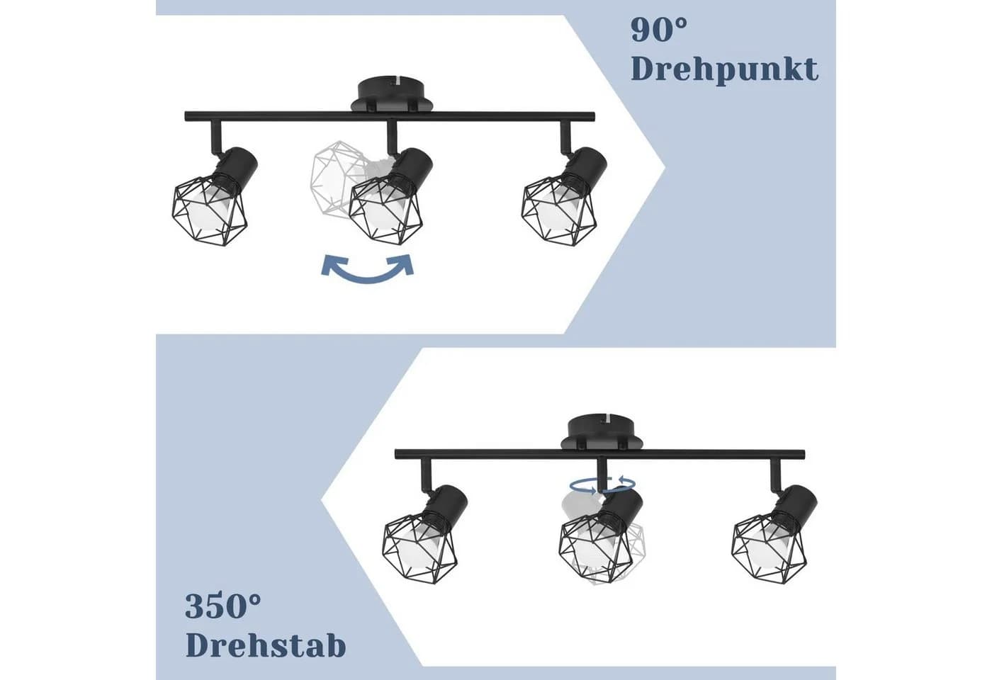 ZMH LED Deckenstrahler 3 Flammig Deckenspots - Weiß/Schwarz Retro Deckenlampe 350°