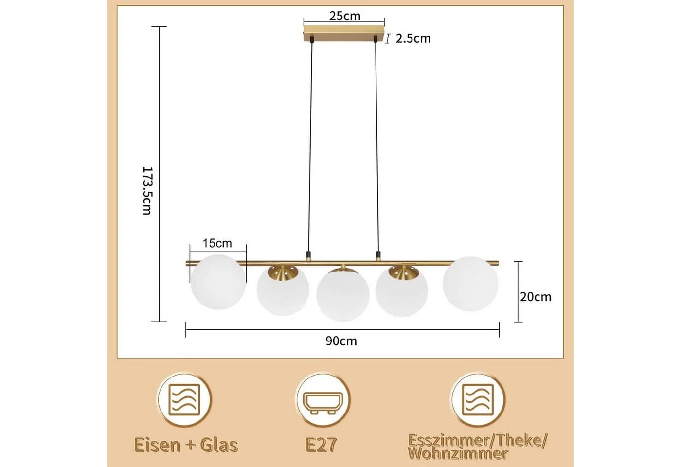 ZMH Pendelleuchte Esstisch Hängeleuchte Glas 5-Flammig E27 - Bild 4