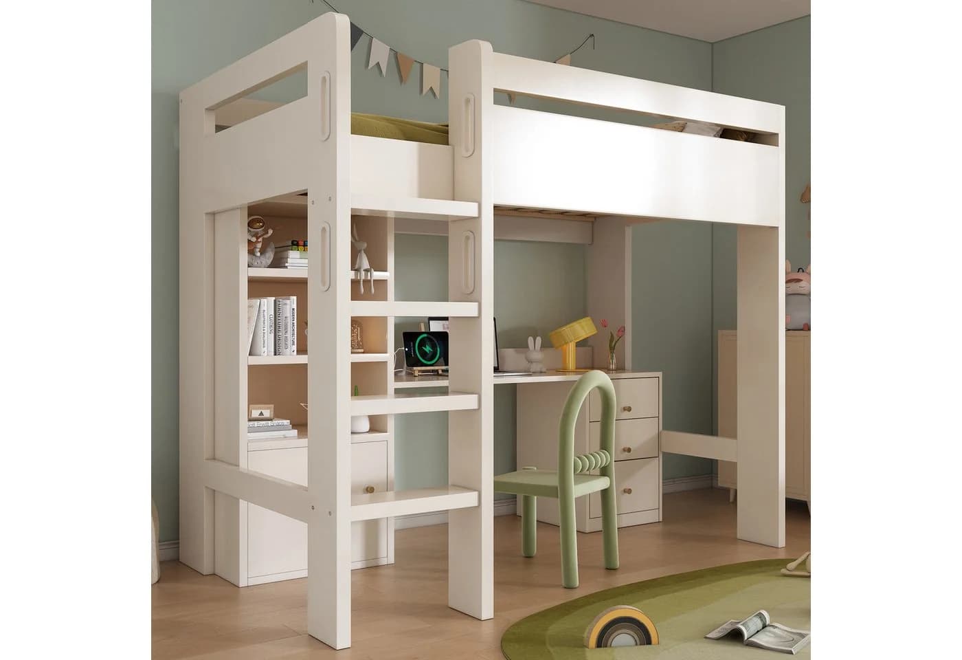 Ulife Hochbett Kinderbett mit Schreibtisch, Kleiderschrank und Aktenschrank, 90x200cm - Bild 2