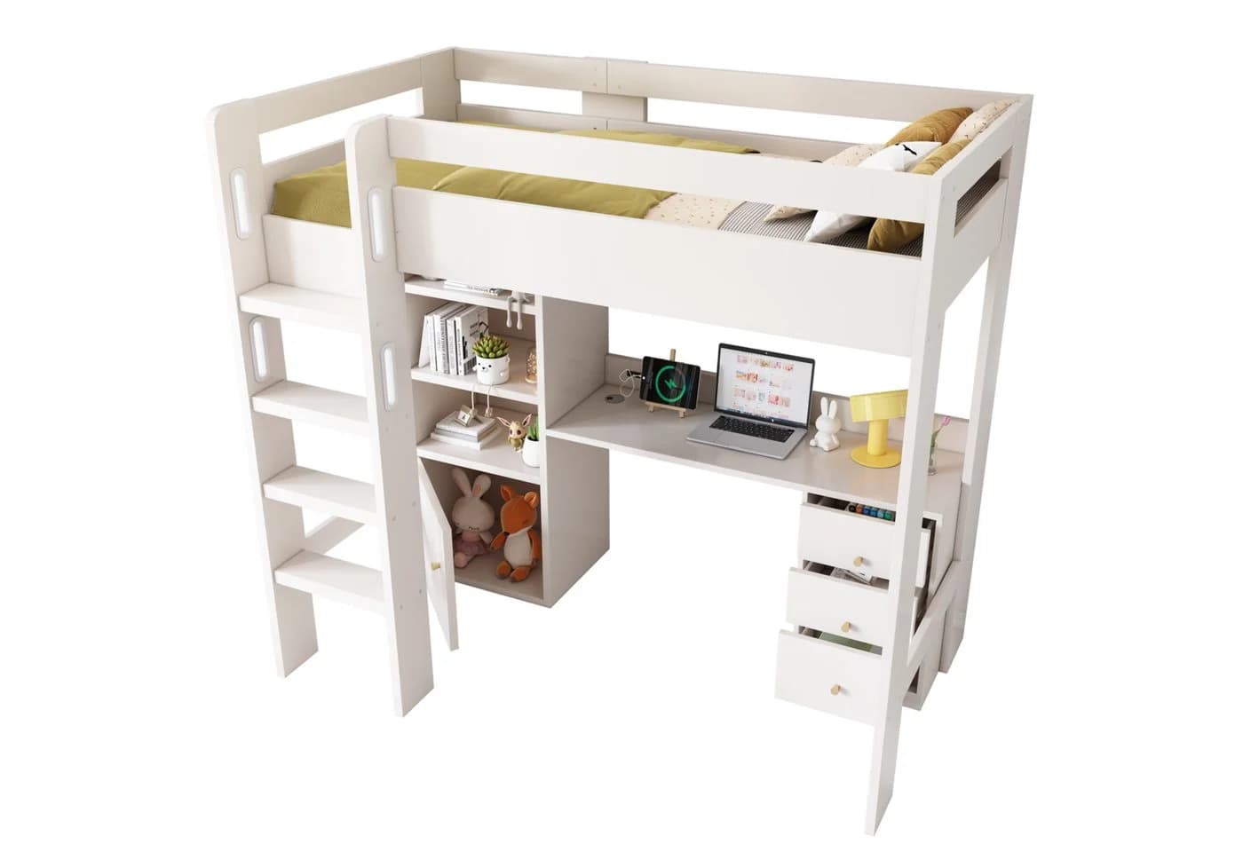 Ulife Hochbett Kinderbett mit Schreibtisch, Kleiderschrank und Aktenschrank, 90x200cm - Bild 3
