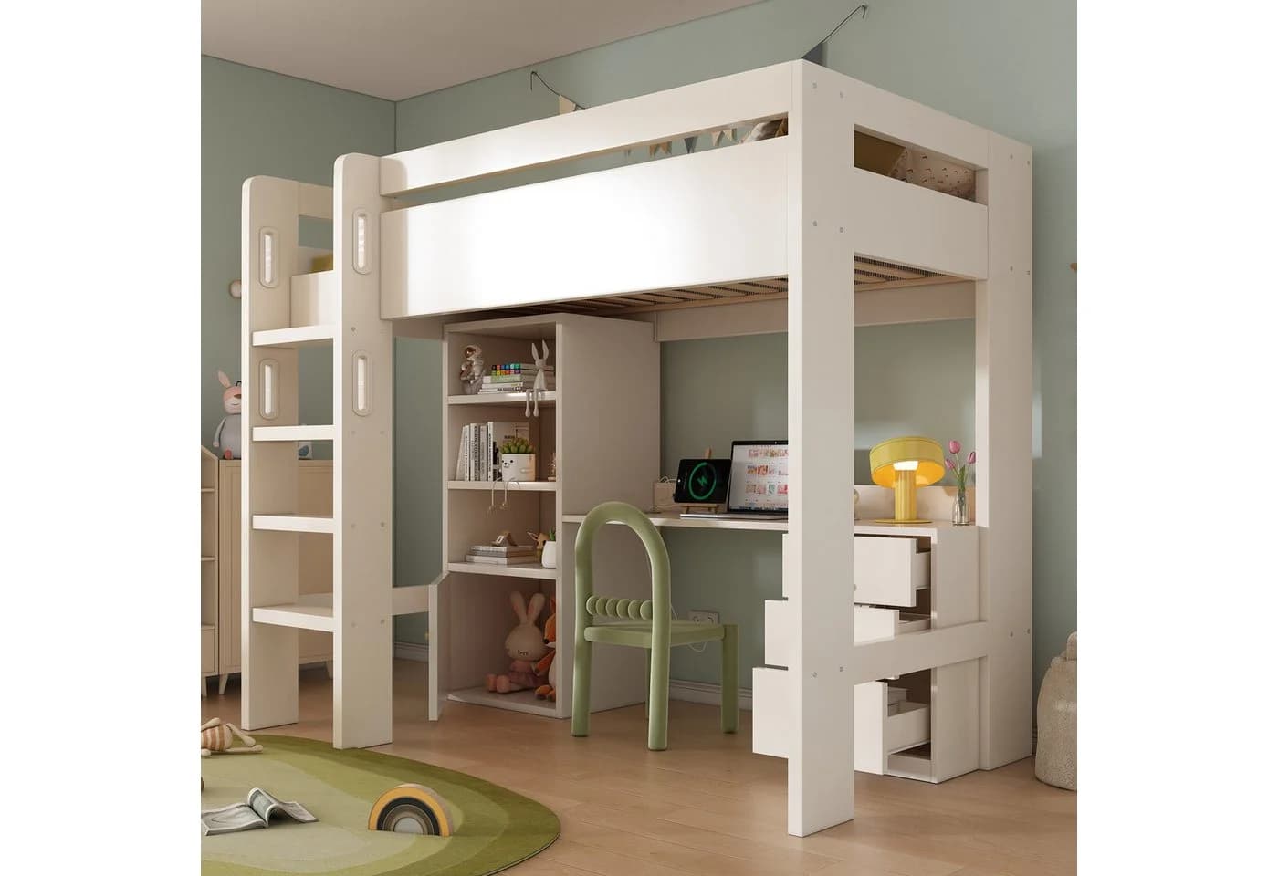 Ulife Hochbett Kinderbett mit Schreibtisch, Kleiderschrank und Aktenschrank, 90x200cm - Bild 4