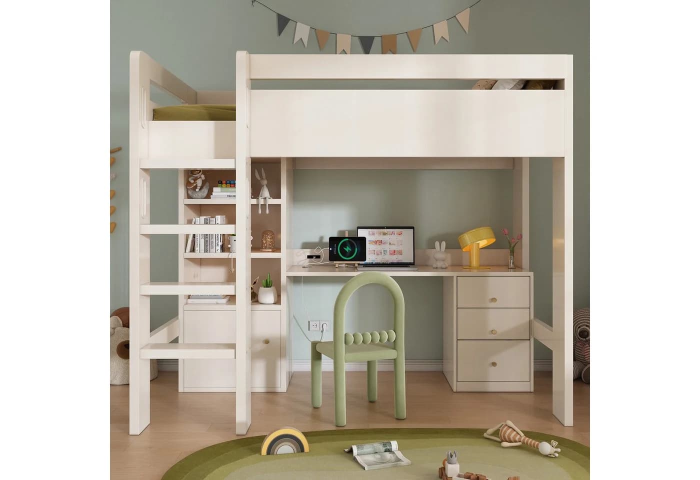 Ulife Hochbett Kinderbett mit Schreibtisch, Kleiderschrank und Aktenschrank, 90x200cm - Bild 5