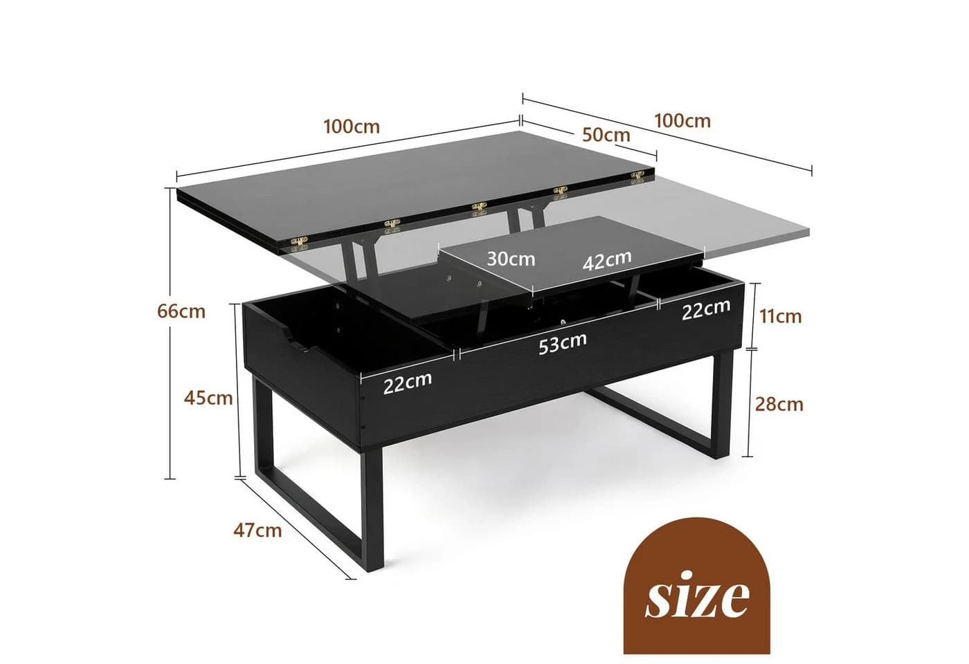 VOWNER Couchtisch Höhenverstellbarer 3-in-1 Mehrzweck-Wohnzimmertisch Schwarz