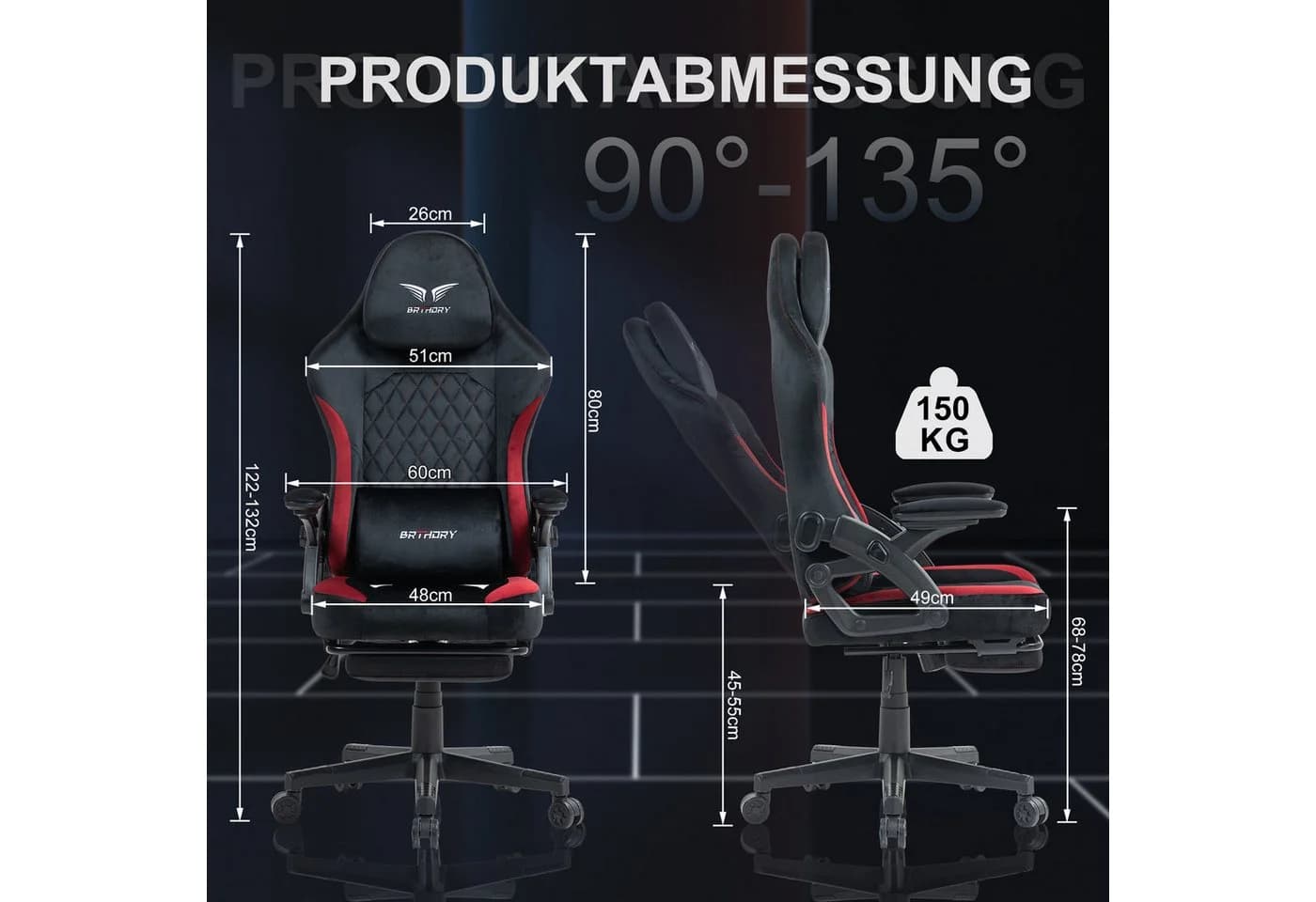 BRTHORY Gaming-Stuhl Verstellbare Kopfstütze Wippfunktion 135° Schwarz Rot