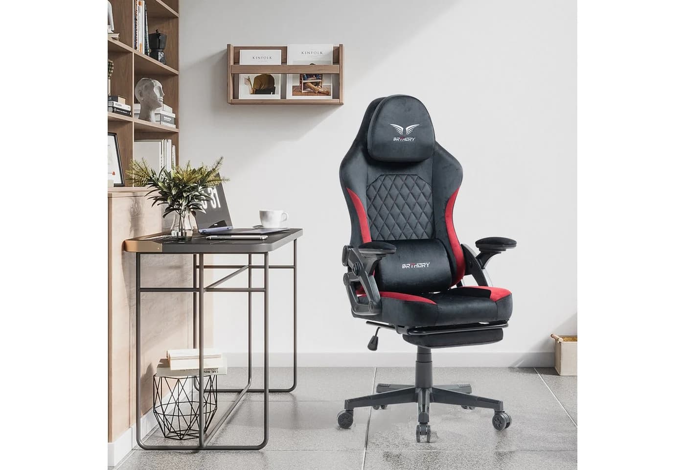 BRTHORY Gaming-Stuhl Verstellbare Kopfstütze Wippfunktion 135° Schwarz Rot - Bild 2